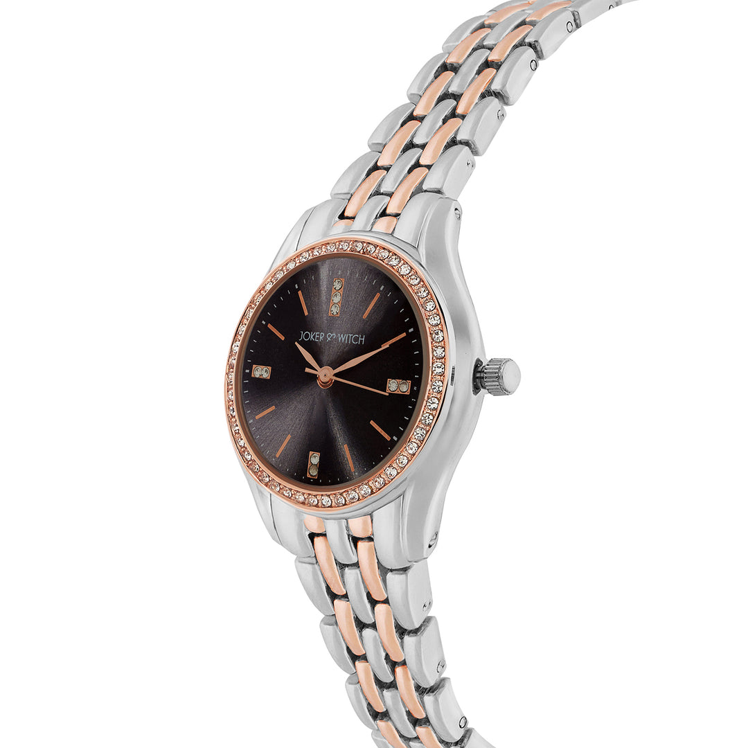 Crystal Black Small Dial Dual Tone Linked Chain Strap Women's Watch