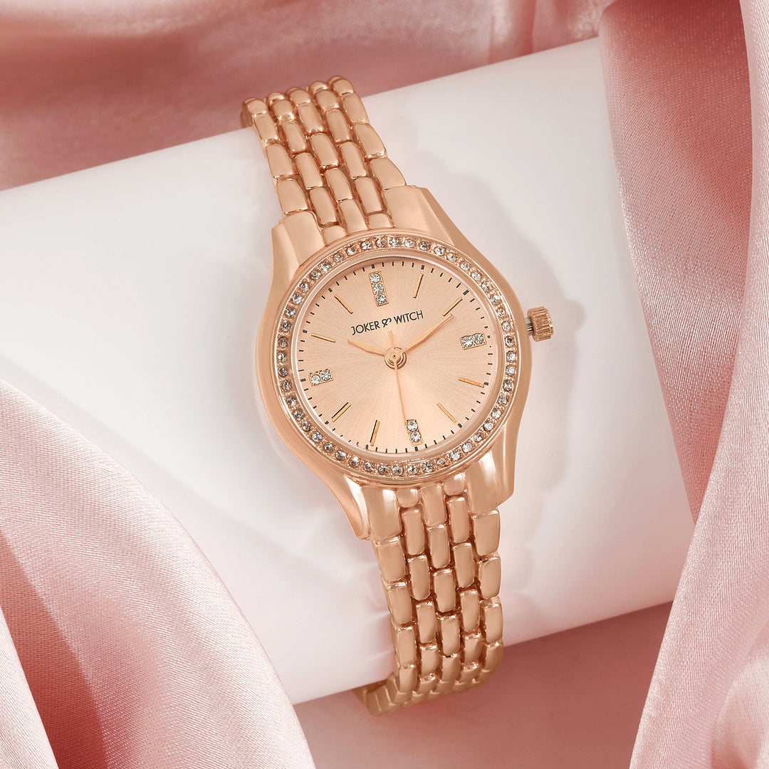 Crystal Rose Gold Small Dial Linked Chain Strap Women's Watch