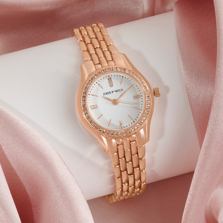 Crystal White Small Dial Rose Gold Linked Chain Strap Women's Watch