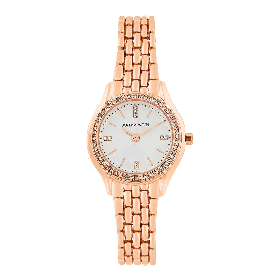 Crystal White Small Dial Rose Gold Linked Chain Strap Women's Watch