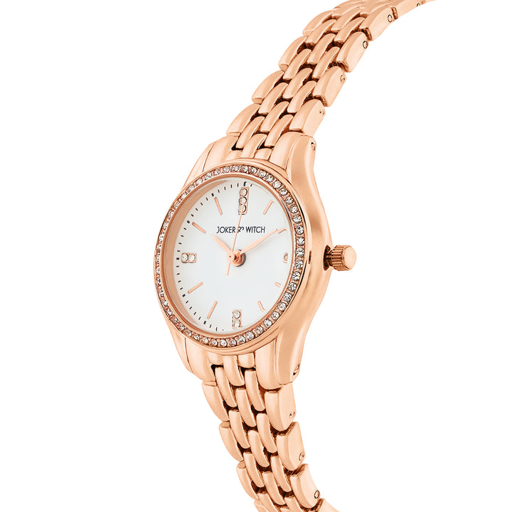 Crystal White Small Dial Rose Gold Linked Chain Strap Women's Watch