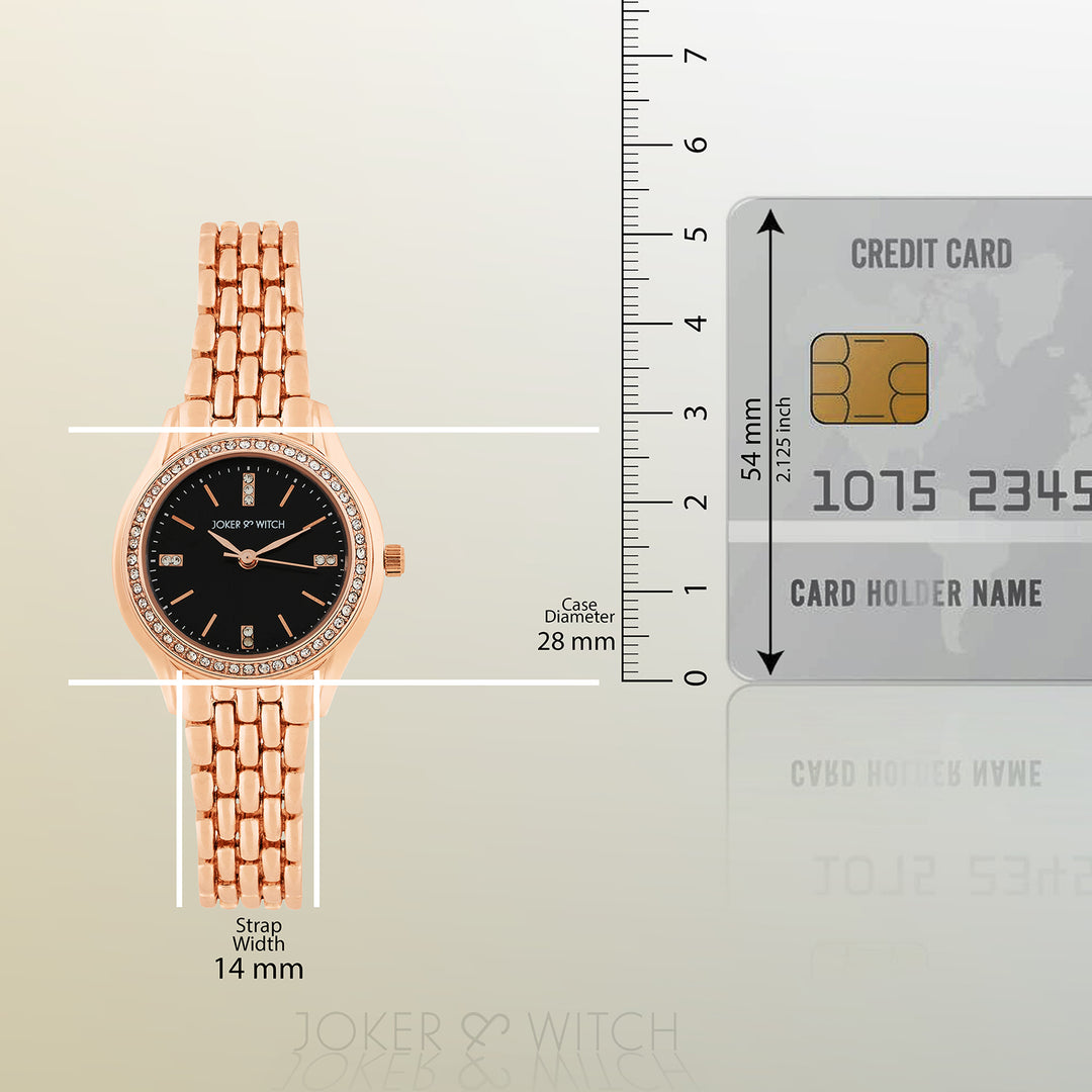 Crystal Black Small Dial Rose Gold Linked Chain Strap Women's Watch