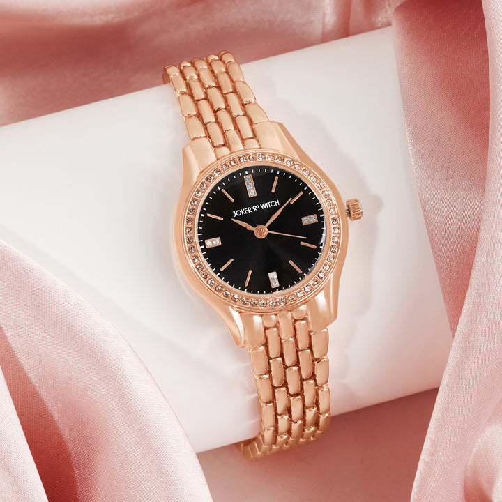 Crystal Black Small Dial Rose Gold Linked Chain Strap Women's Watch