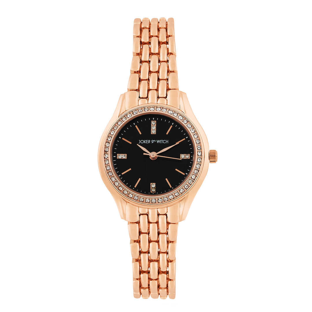 Crystal Black Small Dial Rose Gold Linked Chain Strap Women's Watch
