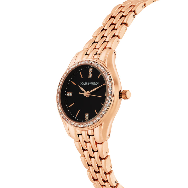 Crystal Black Small Dial Rose Gold Linked Chain Strap Women's Watch