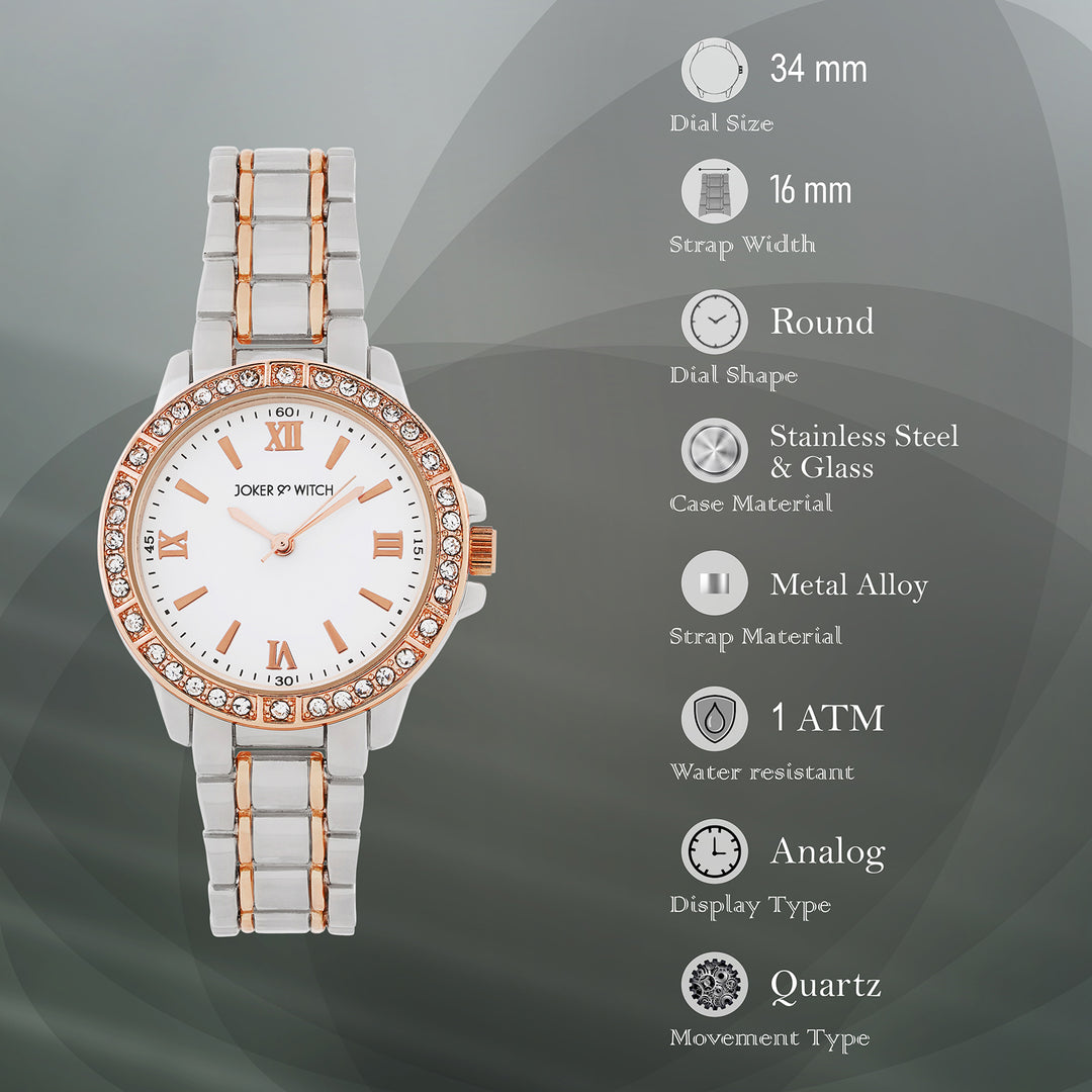 Radiant Halo White Medium Rhinestone Dial Dual Tone Linked Chain Strap Women's Watch