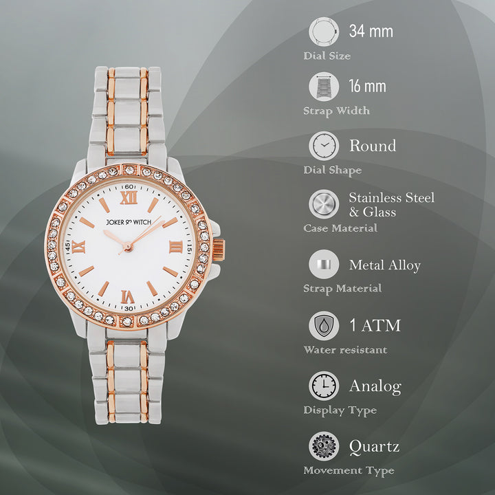 Radiant Halo White Medium Rhinestone Dial Dual Tone Linked Chain Strap Women's Watch