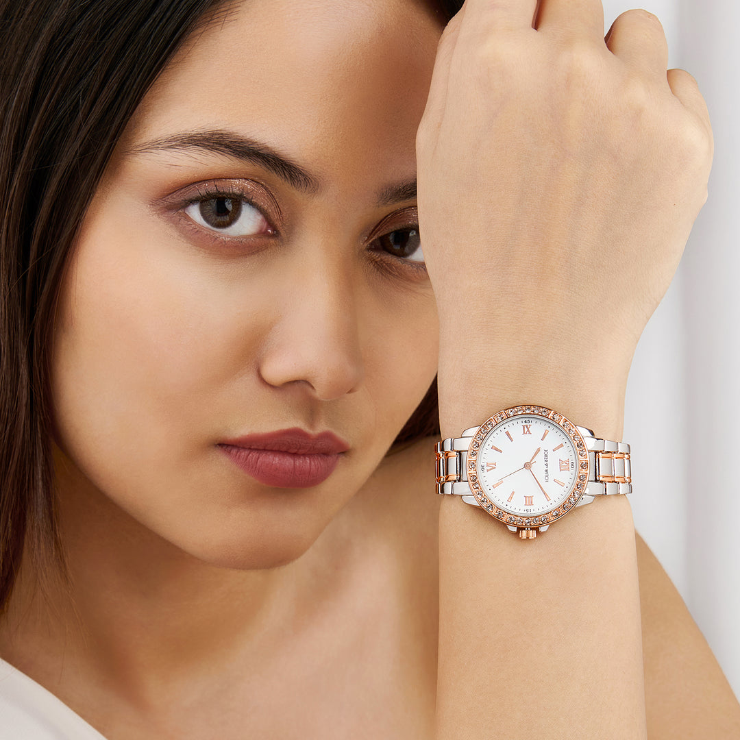 Radiant Halo White Medium Rhinestone Dial Dual Tone Linked Chain Strap Women's Watch