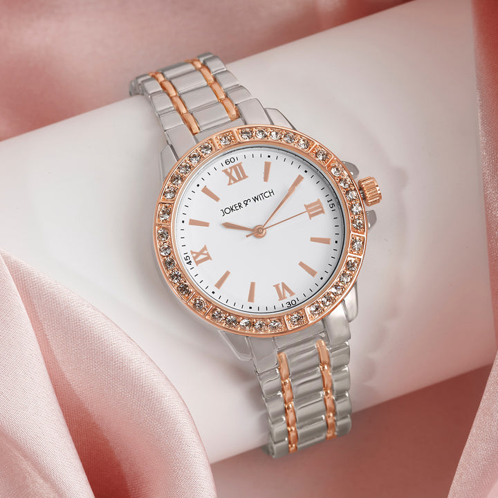 Radiant Halo White Medium Rhinestone Dial Dual Tone Linked Chain Strap Women's Watch