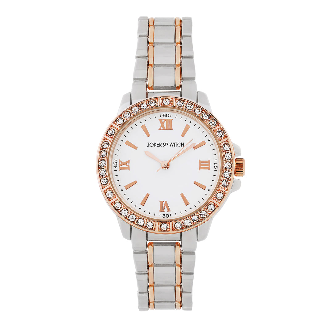 Radiant Halo White Medium Rhinestone Dial Dual Tone Linked Chain Strap Women's Watch