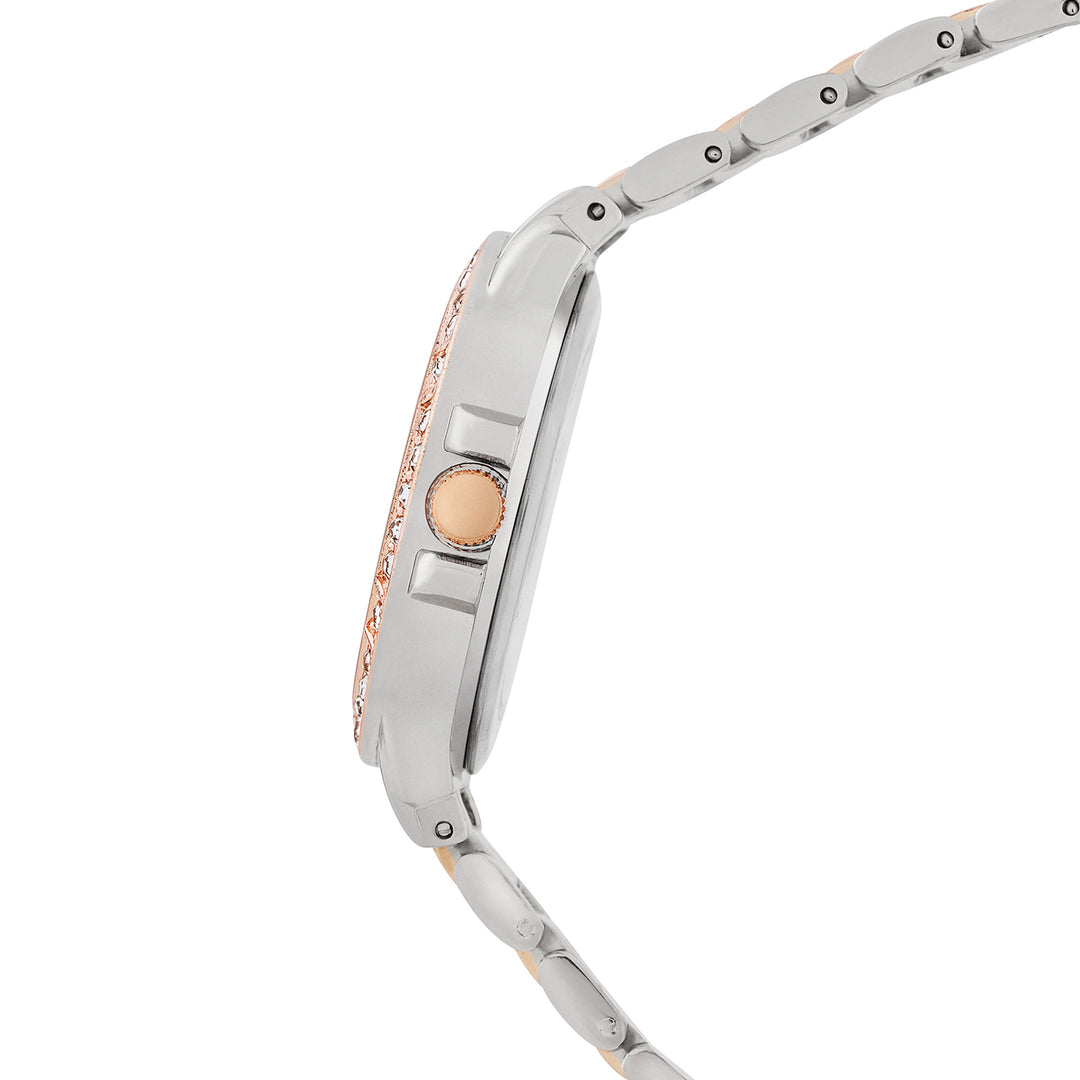 Radiant Halo White Medium Rhinestone Dial Dual Tone Linked Chain Strap Women's Watch