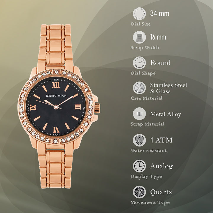 Radiant Halo Black Medium Rhinestone Dial Rose Gold Linked Chain Strap Women's Watch