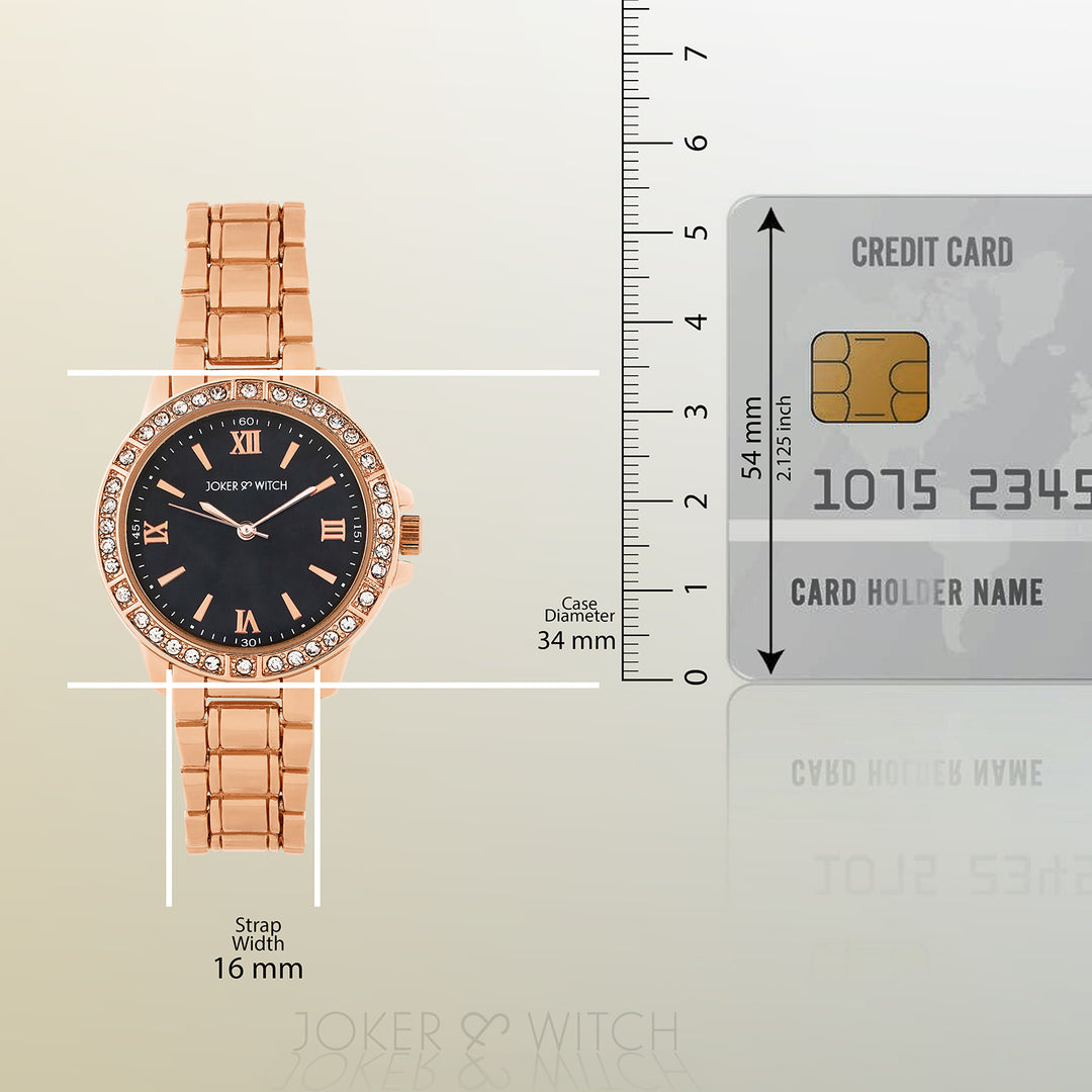 Radiant Halo Black Medium Rhinestone Dial Rose Gold Linked Chain Strap Women's Watch