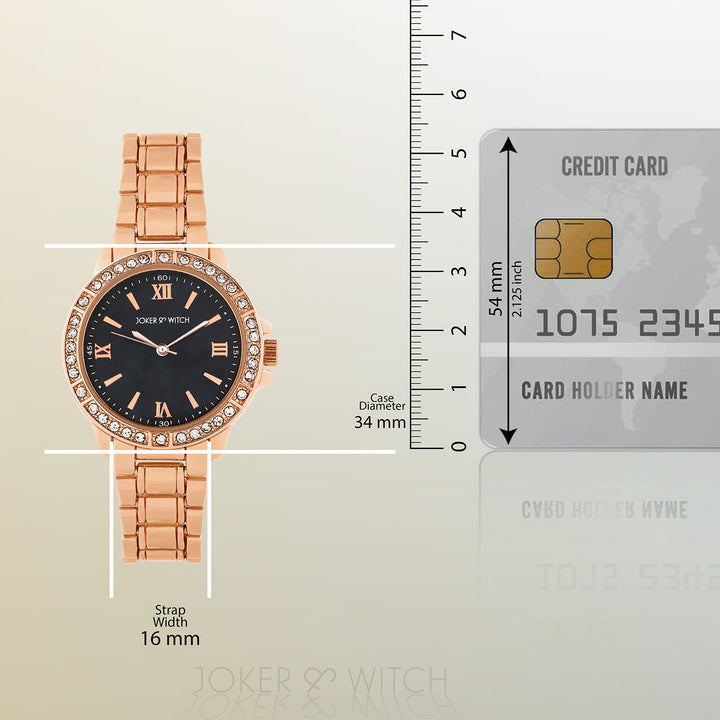 Radiant Halo Black Medium Rhinestone Dial Rose Gold Linked Chain Strap Women's Watch