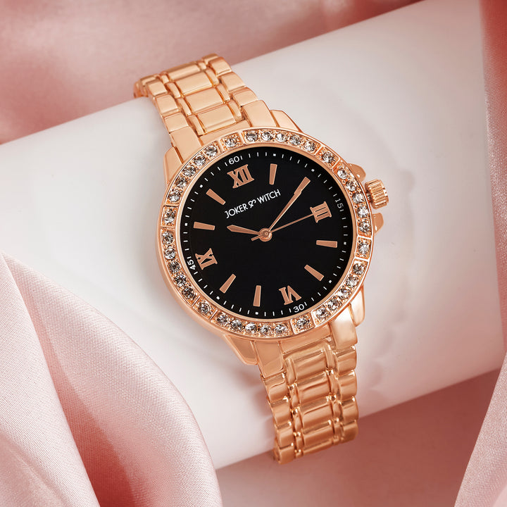 Radiant Halo Black Medium Rhinestone Dial Rose Gold Linked Chain Strap Women's Watch