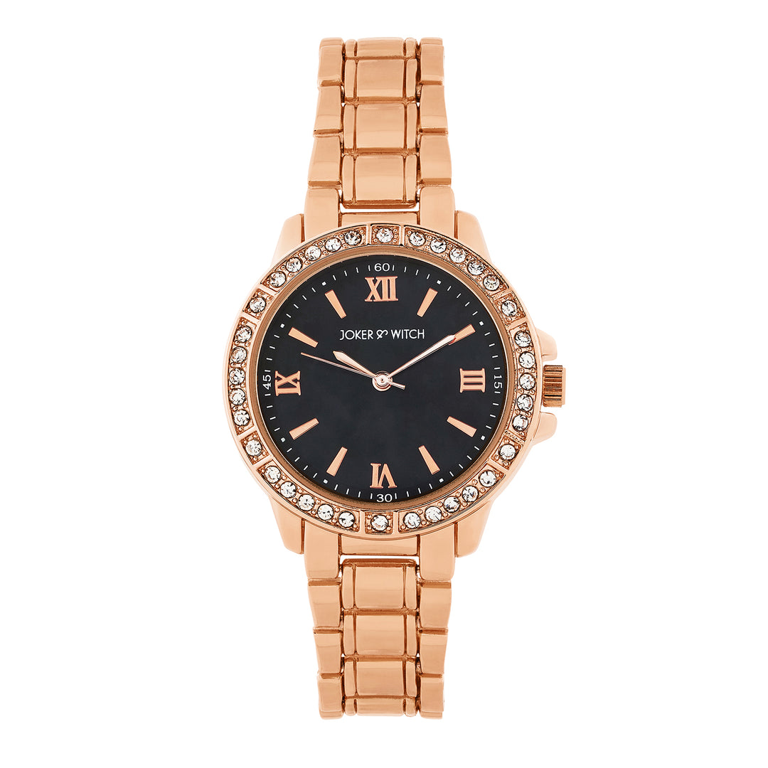 Radiant Halo Black Medium Rhinestone Dial Rose Gold Linked Chain Strap Women's Watch