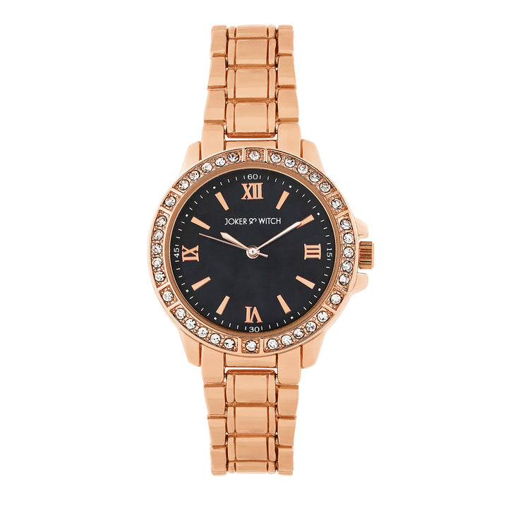 Radiant Halo Black Medium Rhinestone Dial Rose Gold Linked Chain Strap Women's Watch