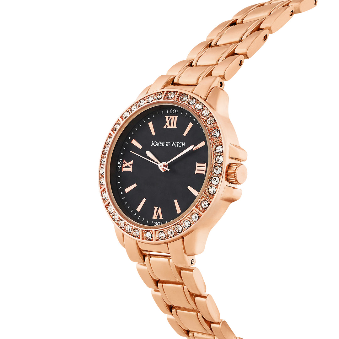 Radiant Halo Black Medium Rhinestone Dial Rose Gold Linked Chain Strap Women's Watch