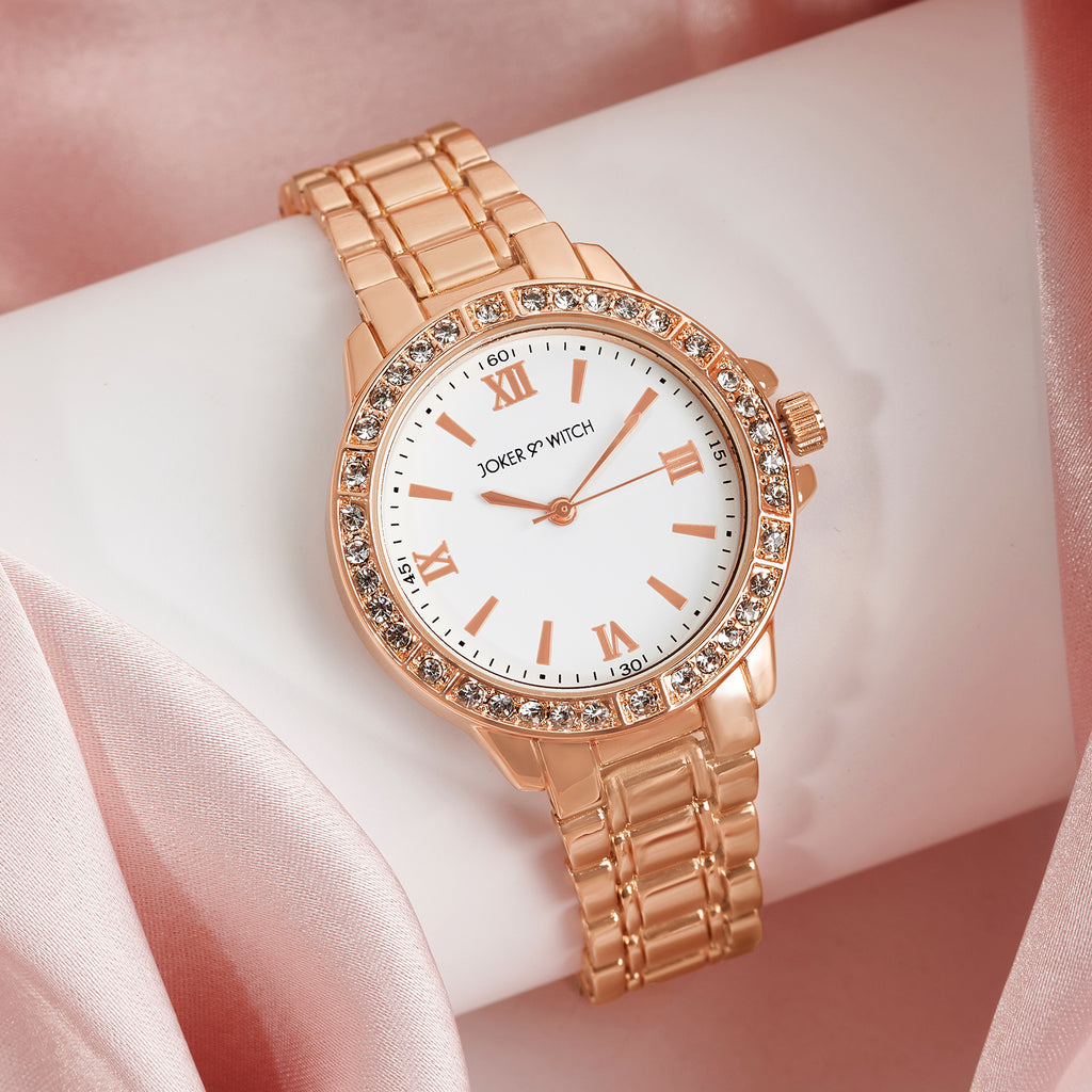 Radiant Halo White Medium Rhinestone Dial Rose Gold Linked Chain Strap Women's Watch