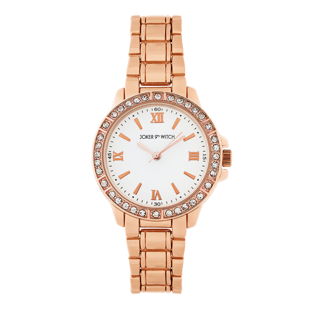 Radiant Halo White Medium Rhinestone Dial Rose Gold Linked Chain Strap Women's Watch