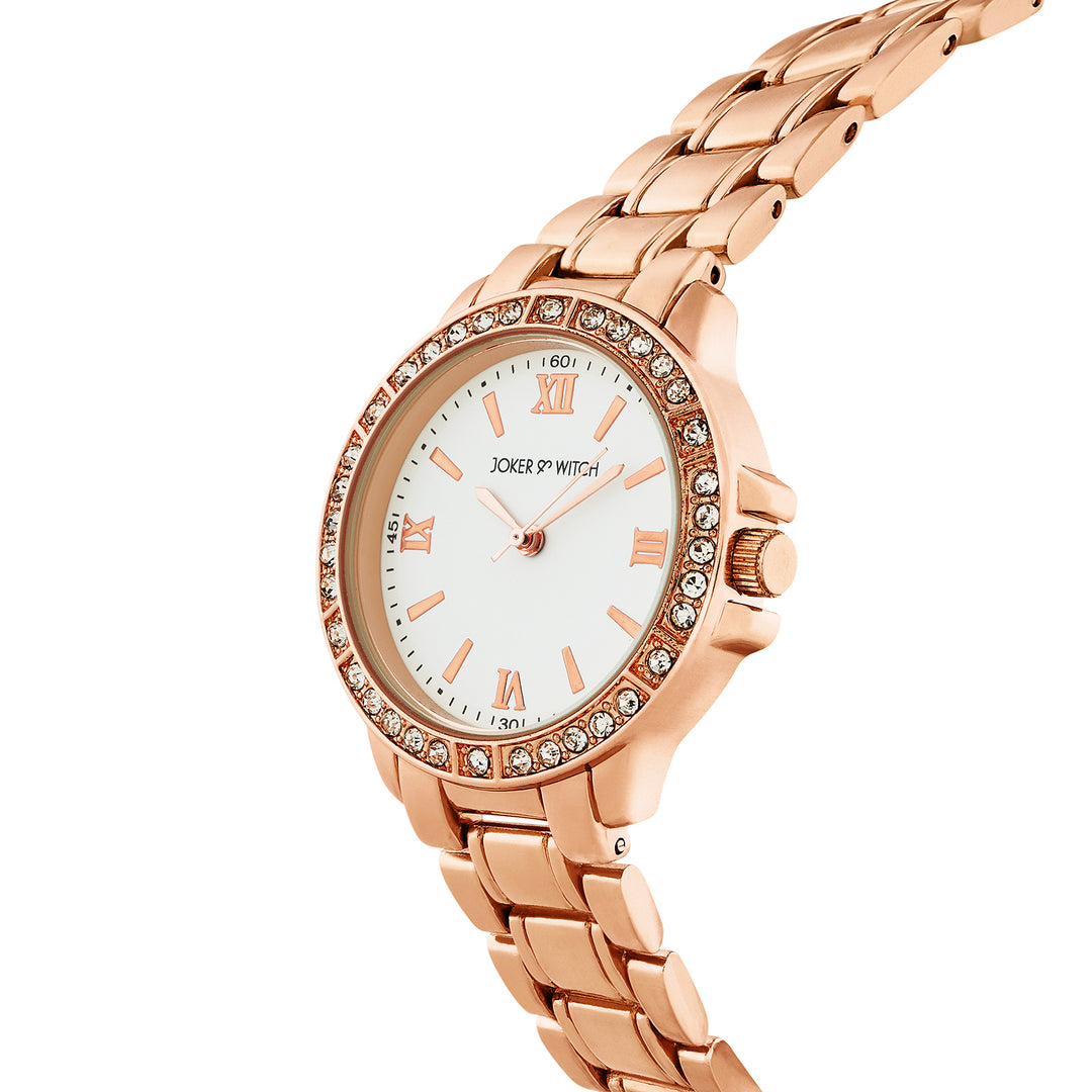 Radiant Halo White Medium Rhinestone Dial Rose Gold Linked Chain Strap Women's Watch
