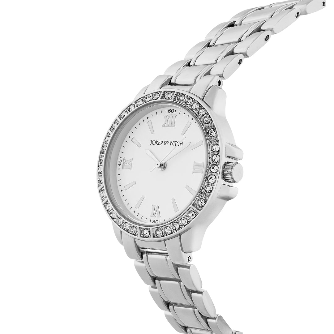 Radiant Halo White Medium Rhinestone Dial Silver Linked Chain Strap Women's Watch