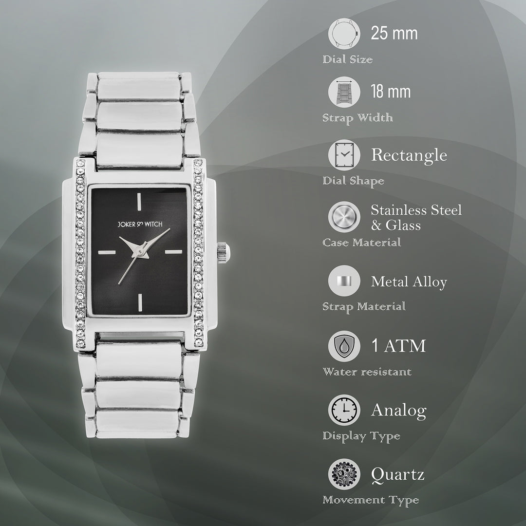 Linear Black Mini Rectangle Rhinestone Dial Silver Linked Chain Strap Women's Watch