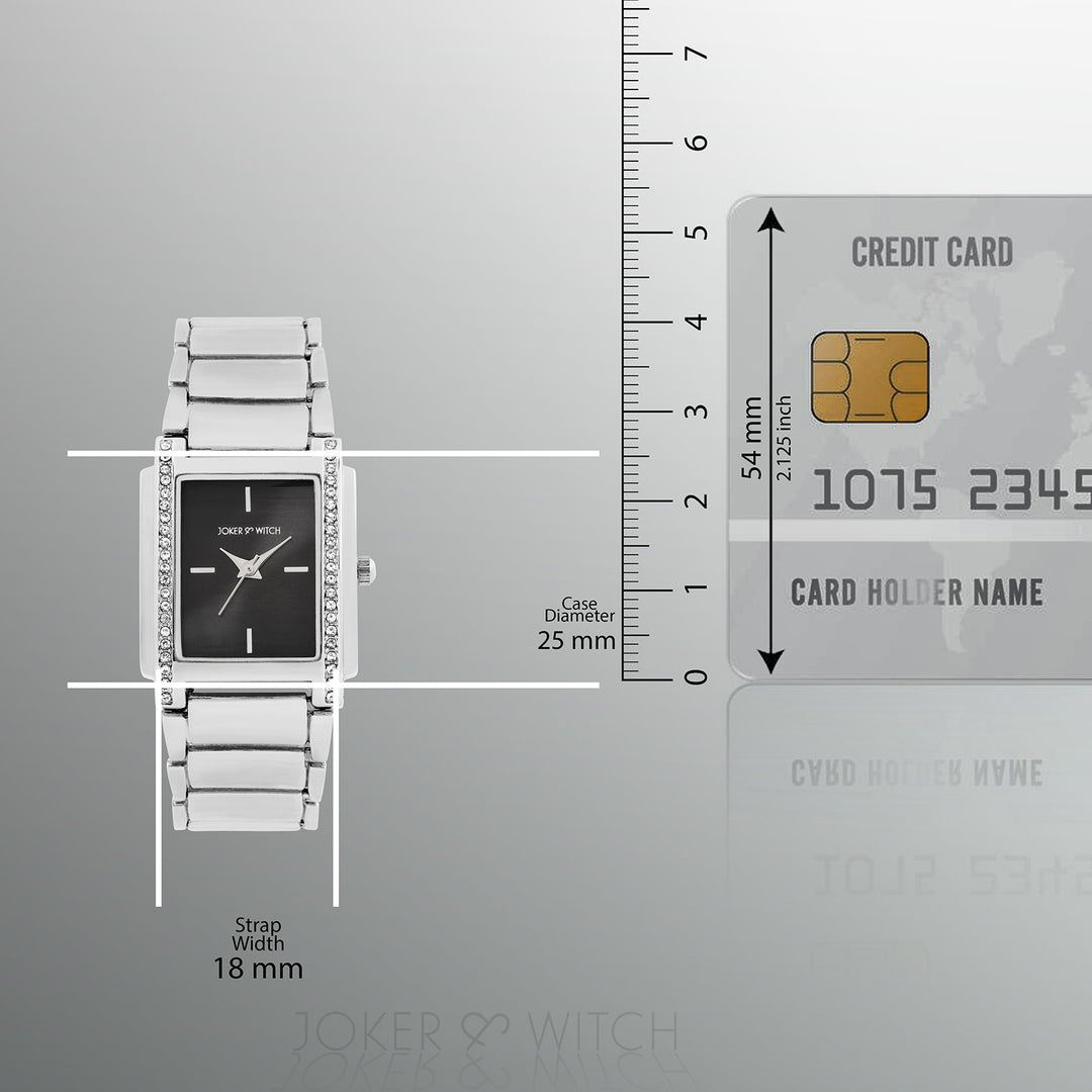 Linear Black Mini Rectangle Rhinestone Dial Silver Linked Chain Strap Women's Watch