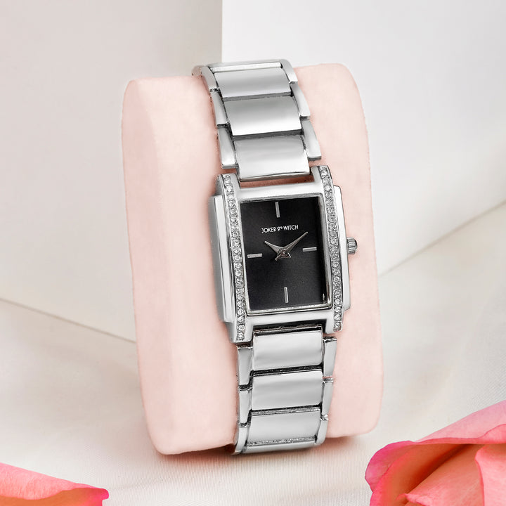 Linear Black Mini Rectangle Rhinestone Dial Silver Linked Chain Strap Women's Watch