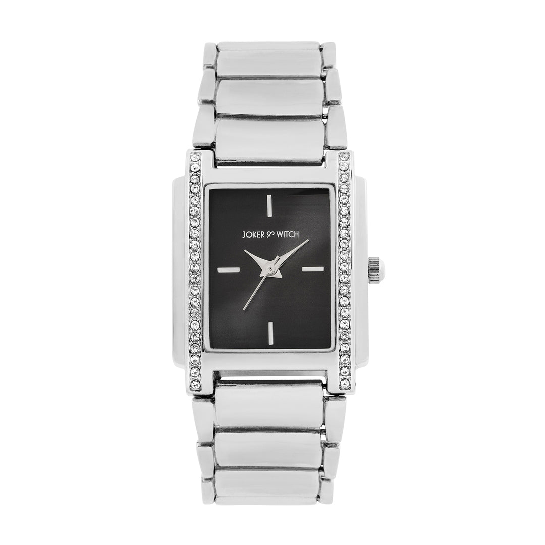 Linear Black Mini Rectangle Rhinestone Dial Silver Linked Chain Strap Women's Watch