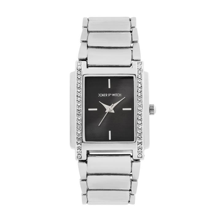 Linear Black Mini Rectangle Rhinestone Dial Silver Linked Chain Strap Women's Watch