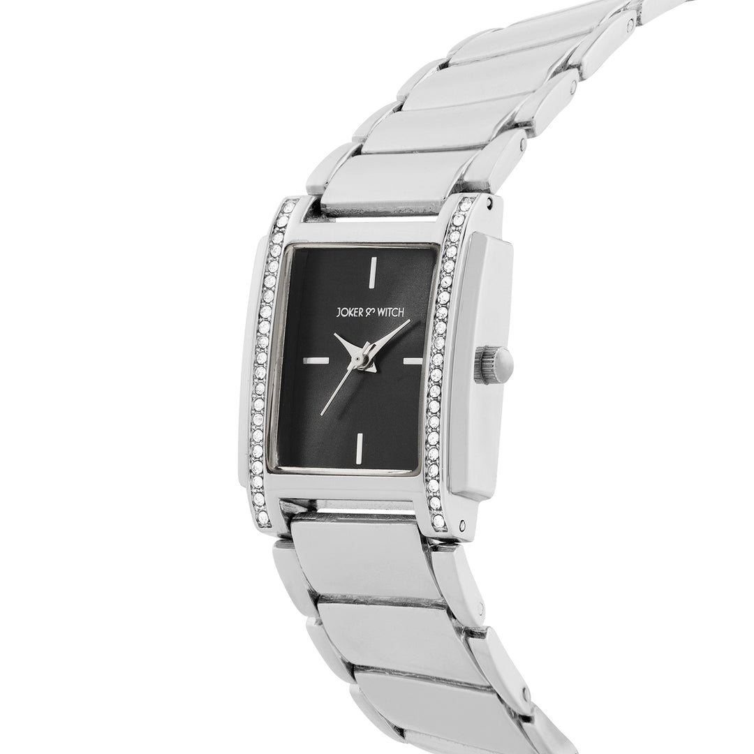 Linear Black Mini Rectangle Rhinestone Dial Silver Linked Chain Strap Women's Watch