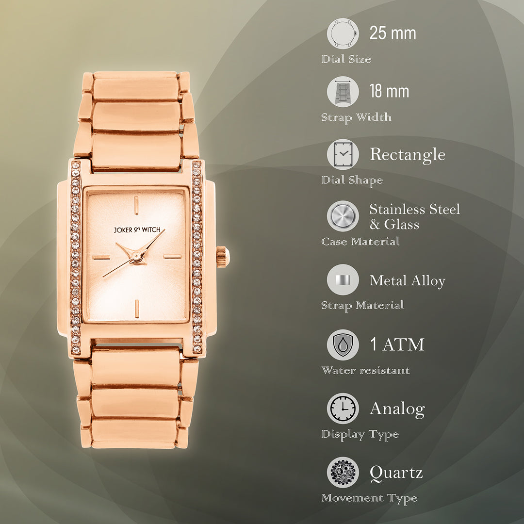 Linear Rose Gold Small Rectangle Rhinestone Dial Linked Chain Strap Women's Watch