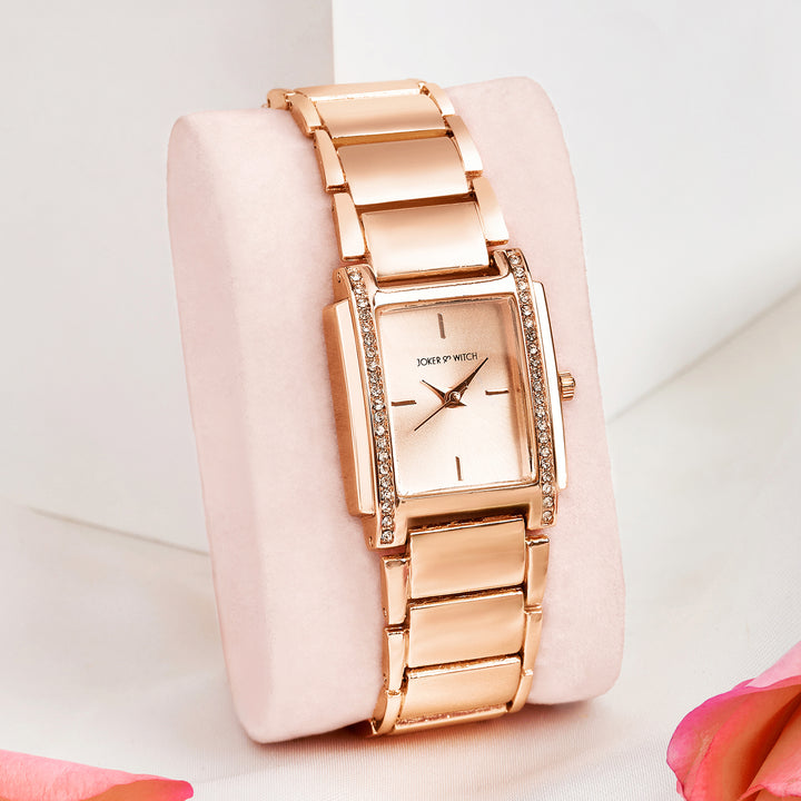 Linear Rose Gold Small Rectangle Rhinestone Dial Linked Chain Strap Women's Watch