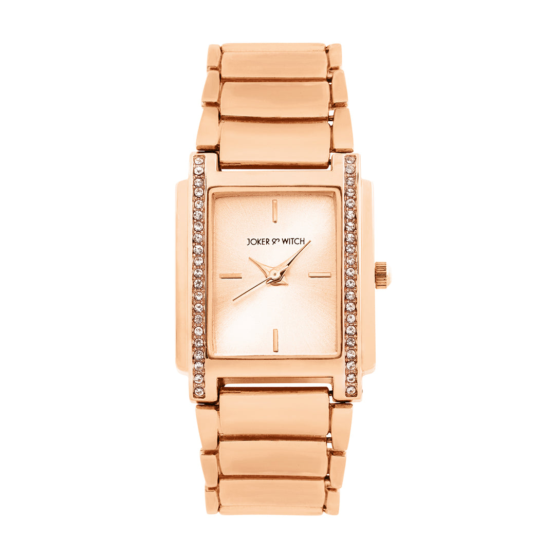 Linear Rose Gold Small Rectangle Rhinestone Dial Linked Chain Strap Women's Watch