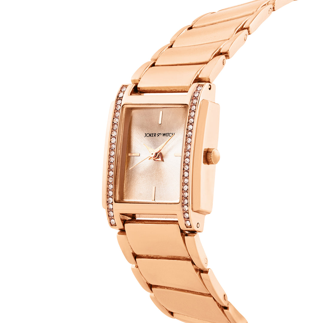 Linear Rose Gold Small Rectangle Rhinestone Dial Linked Chain Strap Women's Watch