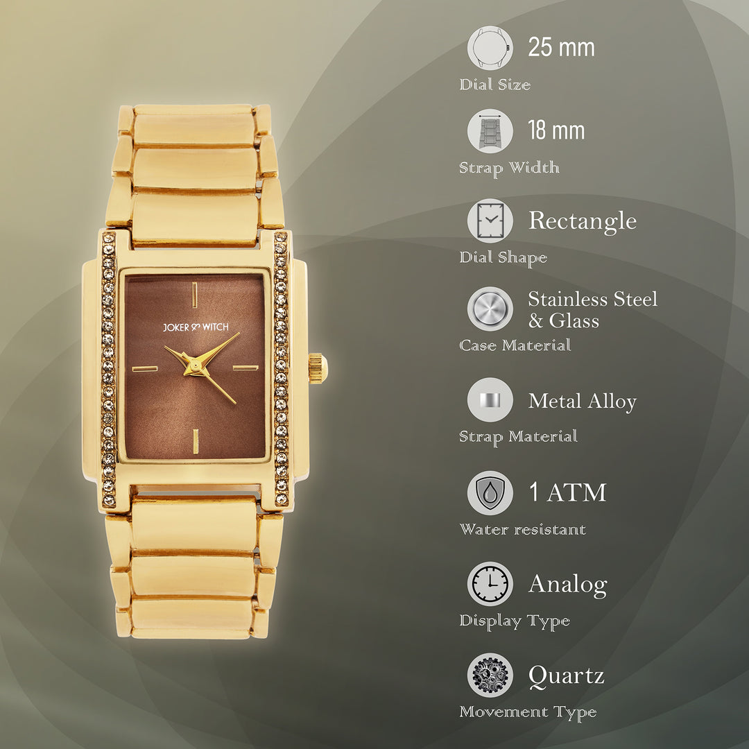 Linear Taupe Small Rectangle Rhinestone Dial Gold Linked Chain Strap Women's Watch