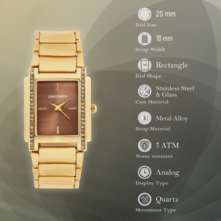 Linear Taupe Small Rectangle Rhinestone Dial Gold Linked Chain Strap Women's Watch