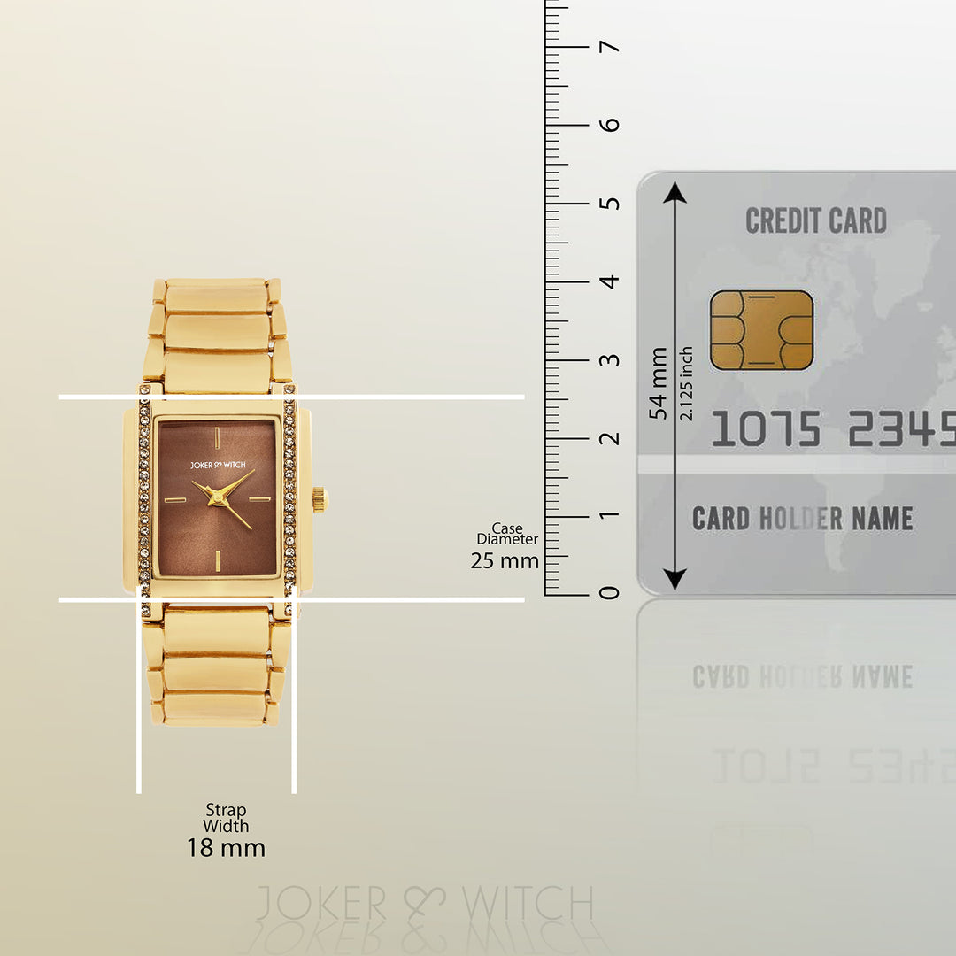 Linear Taupe Small Rectangle Rhinestone Dial Gold Linked Chain Strap Women's Watch