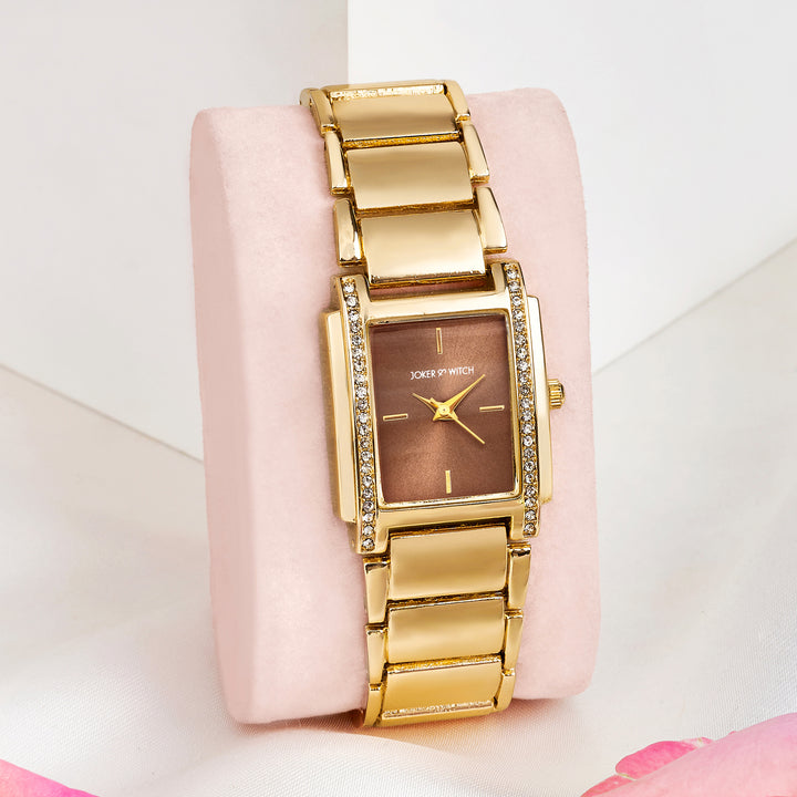 Linear Taupe Small Rectangle Rhinestone Dial Gold Linked Chain Strap Women's Watch