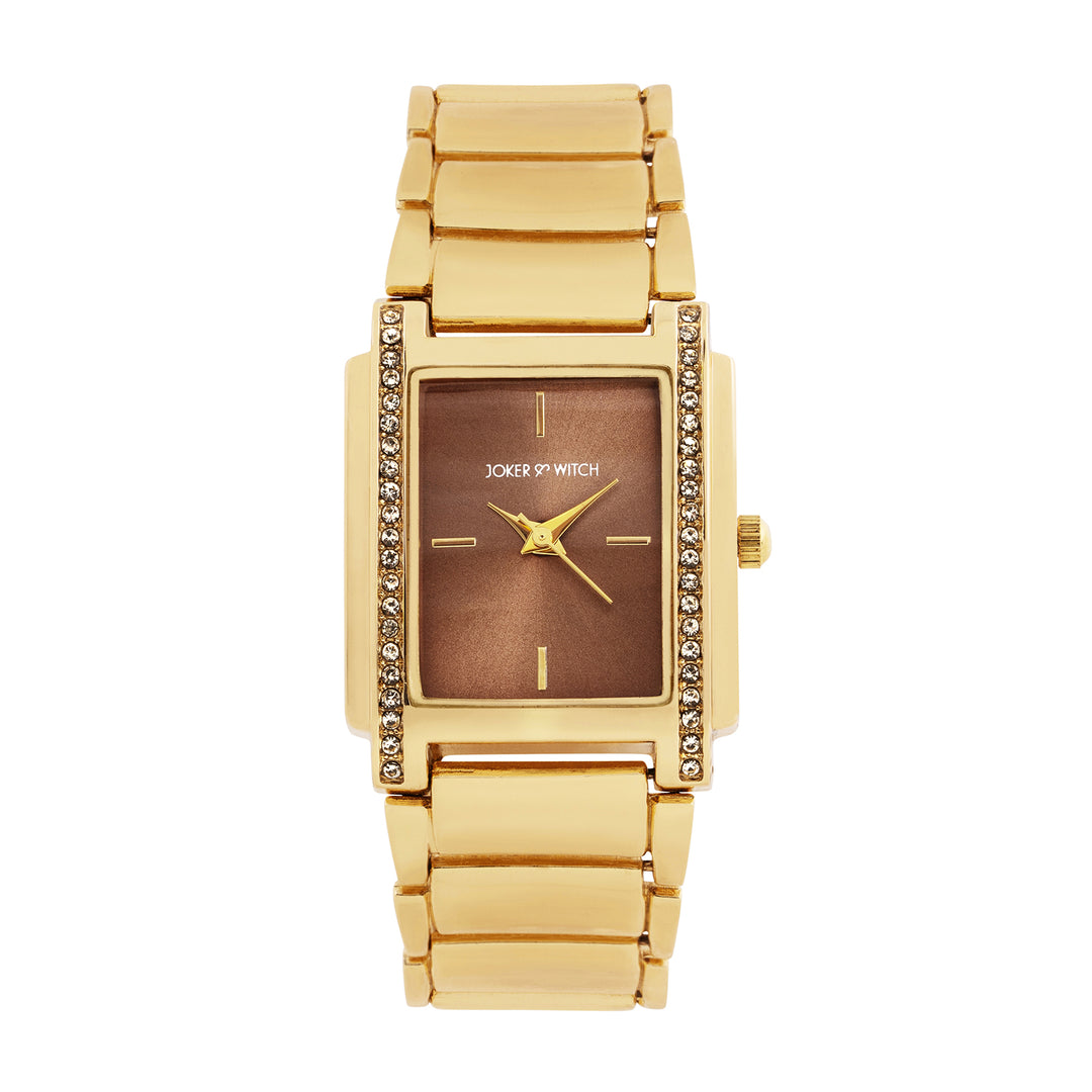 Linear Taupe Small Rectangle Rhinestone Dial Gold Linked Chain Strap Women's Watch