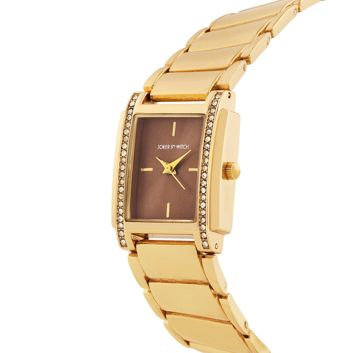 Linear Taupe Small Rectangle Rhinestone Dial Gold Linked Chain Strap Women's Watch