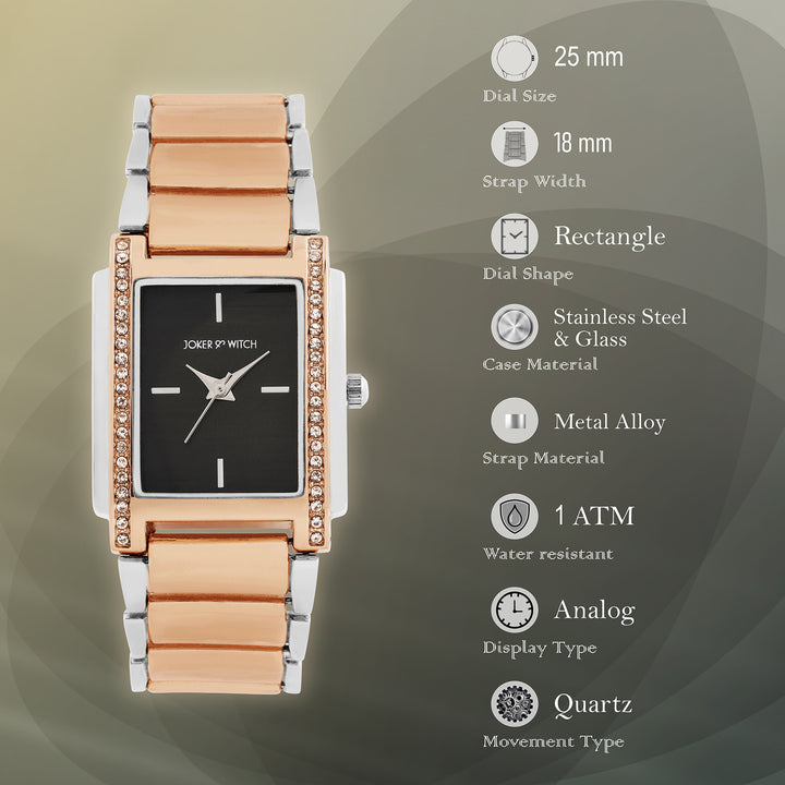 Linear Black Mini Rectangle Rhinestone Dial Dual Tone Linked Chain Strap Women's Watch