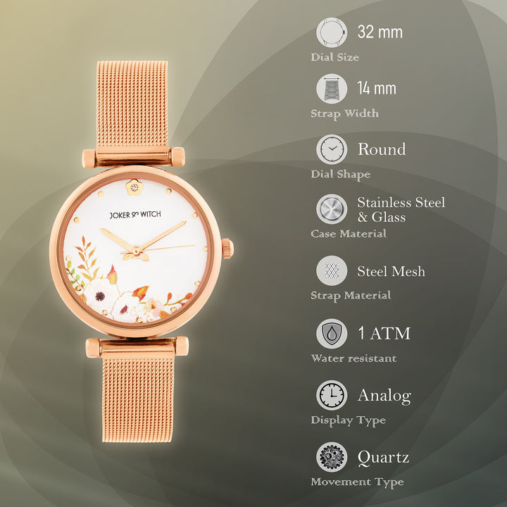 Rosebud Serenity White Medium Dial Rose Gold Mesh Strap Women's Watch
