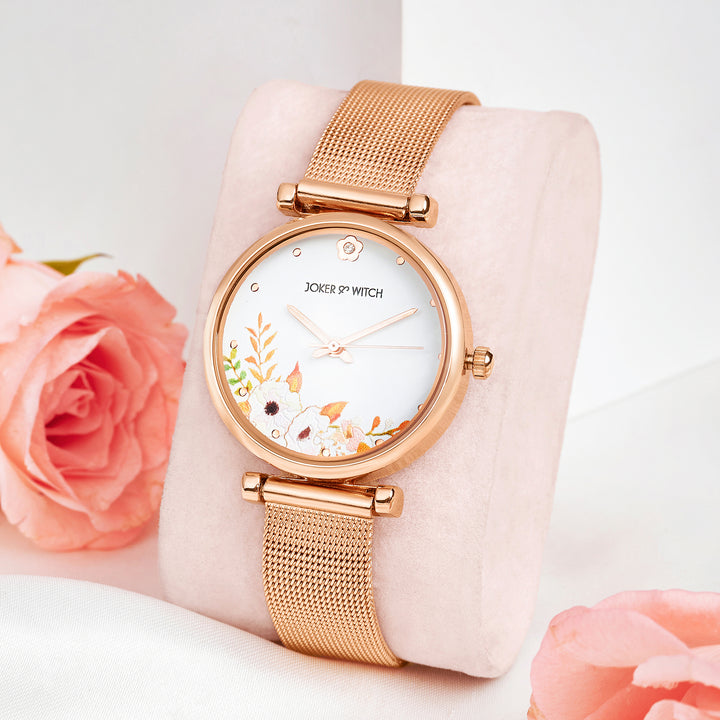 Rosebud Serenity White Medium Dial Rose Gold Mesh Strap Women's Watch