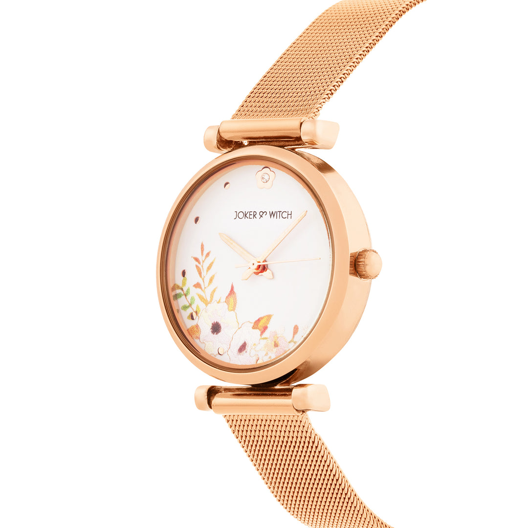 Rosebud Serenity White Medium Dial Rose Gold Mesh Strap Women's Watch