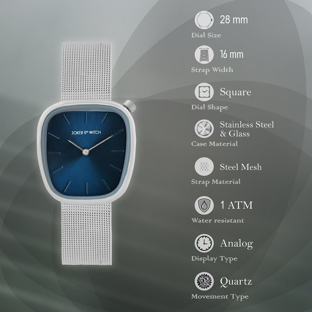 Nocturne Blue Small Square Dial Silver Mesh Strap Women's Watch