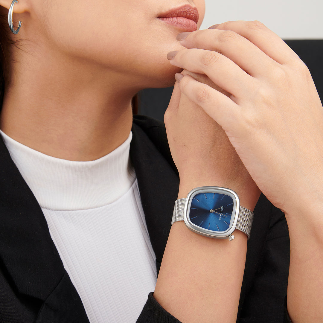 Nocturne Blue Small Square Dial Silver Mesh Strap Women's Watch