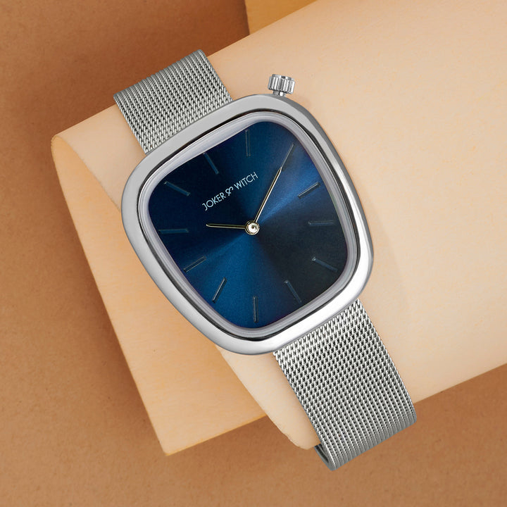 Nocturne Blue Small Square Dial Silver Mesh Strap Women's Watch