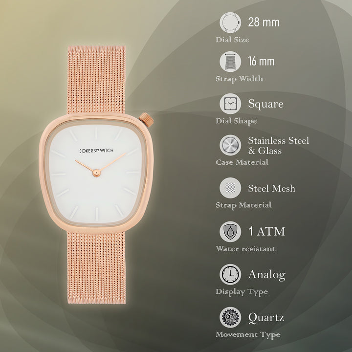 Nocturne White Small Square Dial Rose Gold Mesh Strap Women's Watch